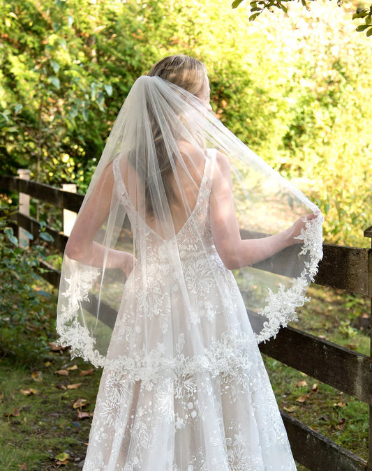 Wedding Veil with Lace Appliqued Light Ivory Elbow and Fingertip Length Bridal Veil Light Ivory