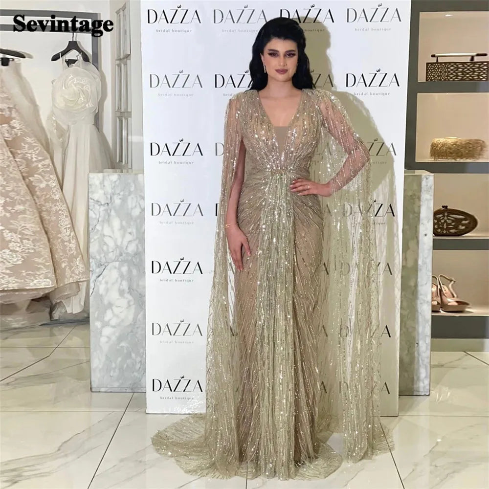 Noble Saudi Arabic Prom Dresses V-Neck Formal Evening Dresses Long Cape Sleeves Sequined Women Party Gowns Event
