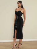Sexy Women'S Bandage Dress Spaghetti Strap Sleeveless Rhinestone Button Design Bodycon Backless Split Midi Dresses Vestidos