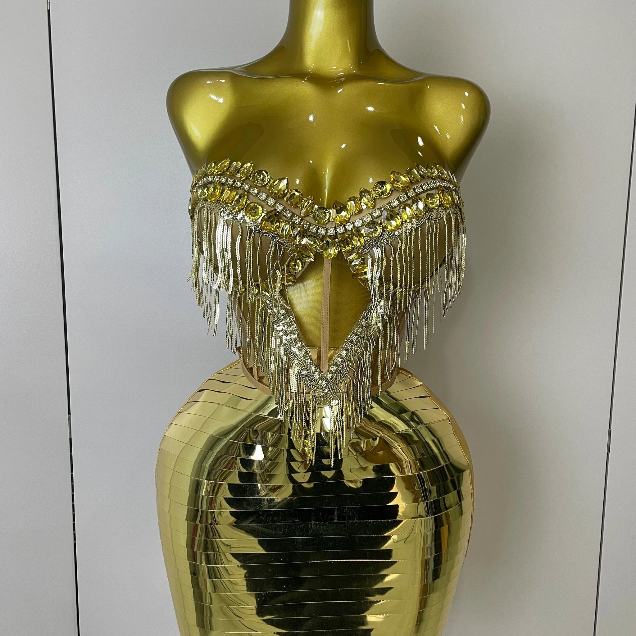 Sparkly Gold Rhinstones tassels Top Skirt Two-piec Set Women Sexy Strapless Designer Nightclub Evening Party Stage Outfit Gold