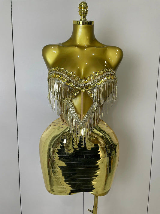 Sparkly Gold Rhinstones tassels Top Skirt Two-piec Set Women Sexy Strapless Designer Nightclub Evening Party Stage Outfit Gold