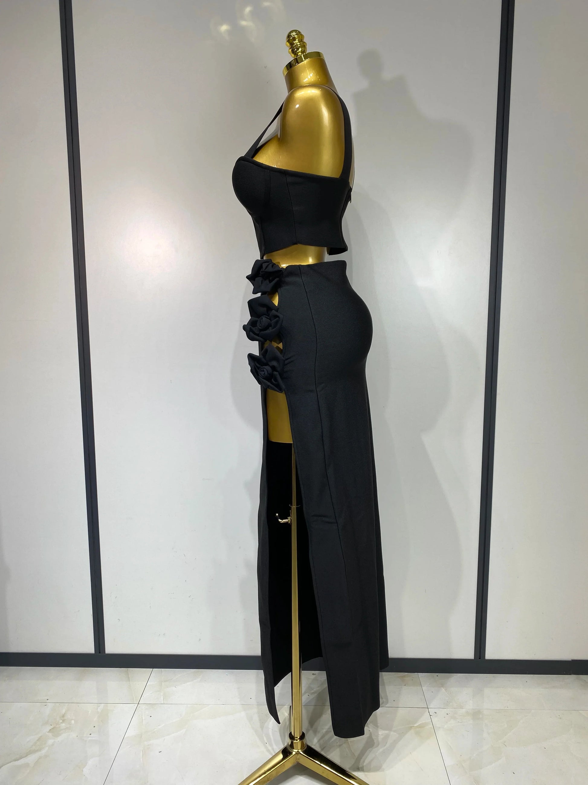 Summer New Women Sexy Flower Black Red Bandage Two Piece Set Celebrity Evening Party Skirt Suits Luxury Birthday Outfit