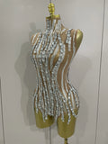 Sparkly Rhinestone Chain Sexy Transparent Sleeveless Bodysuit Women Party Nightclub Team Performance Costume Show Stage Wear
