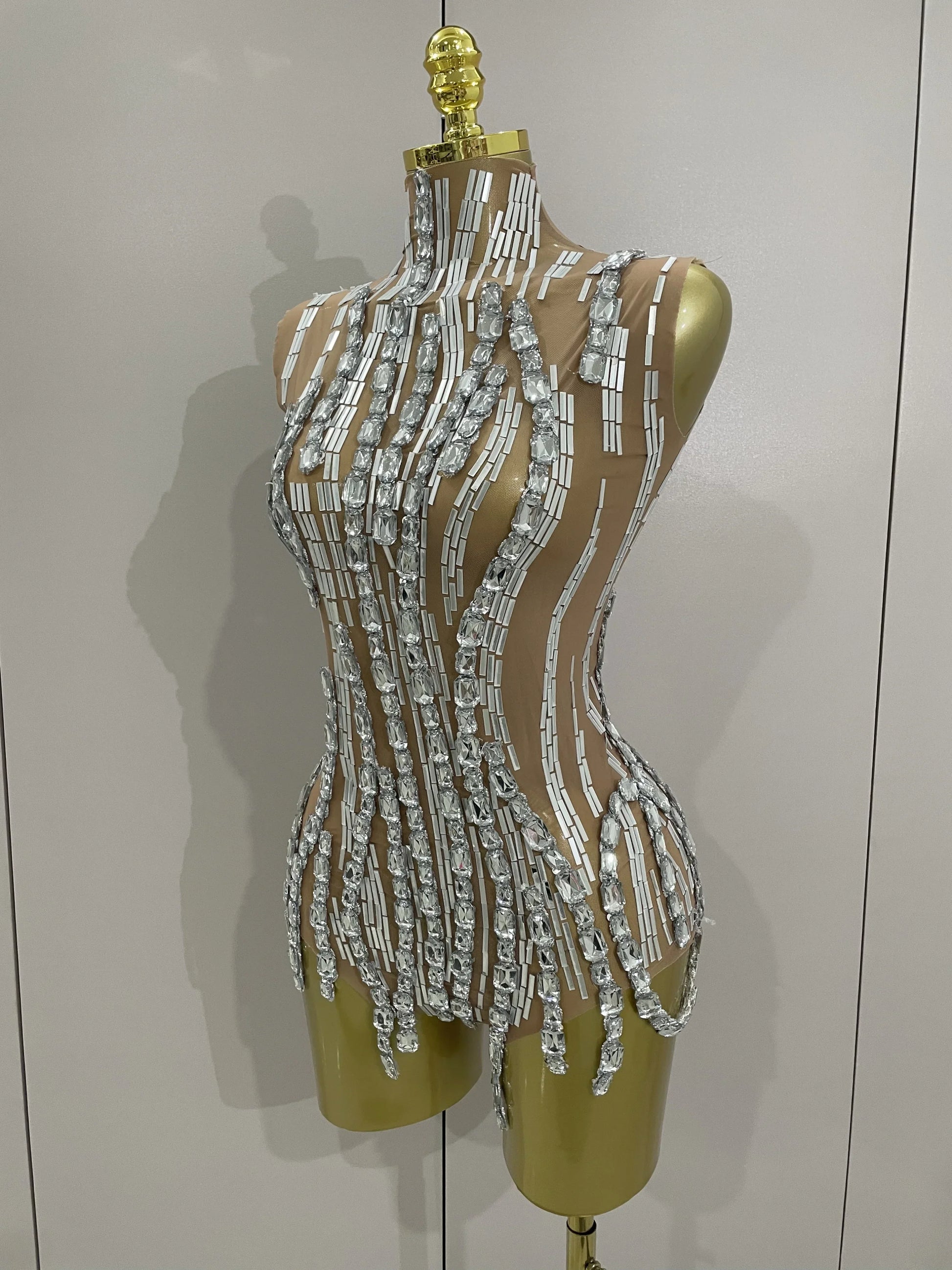 Sparkly Rhinestone Chain Sexy Transparent Sleeveless Bodysuit Women Party Nightclub Team Performance Costume Show Stage Wear