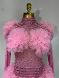 Sexy See Through Rhinestone Bodysuit Women Sexy Tight Mesh Ruffles Performance Dancer Singer Costume Nightclub Stage Outfit