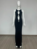 Black Color Women Sleeveless Sexy Keyhole Sparkly Diamond Bodycon Long Dress Fashion Elegant Evening Party Outfit Dress black
