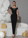 Sexy Off Shoulder Diamond Tight Bandage Maxi Long Dress Women's Short Sleeve Elegant Celebrity Evening Party Gowns