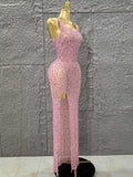 Handmake Top Quality Women Sleeveless Sexy O-Neck Mesh See Through Full Crystal Bodycon Long Dress Birthday Party Stage Wear