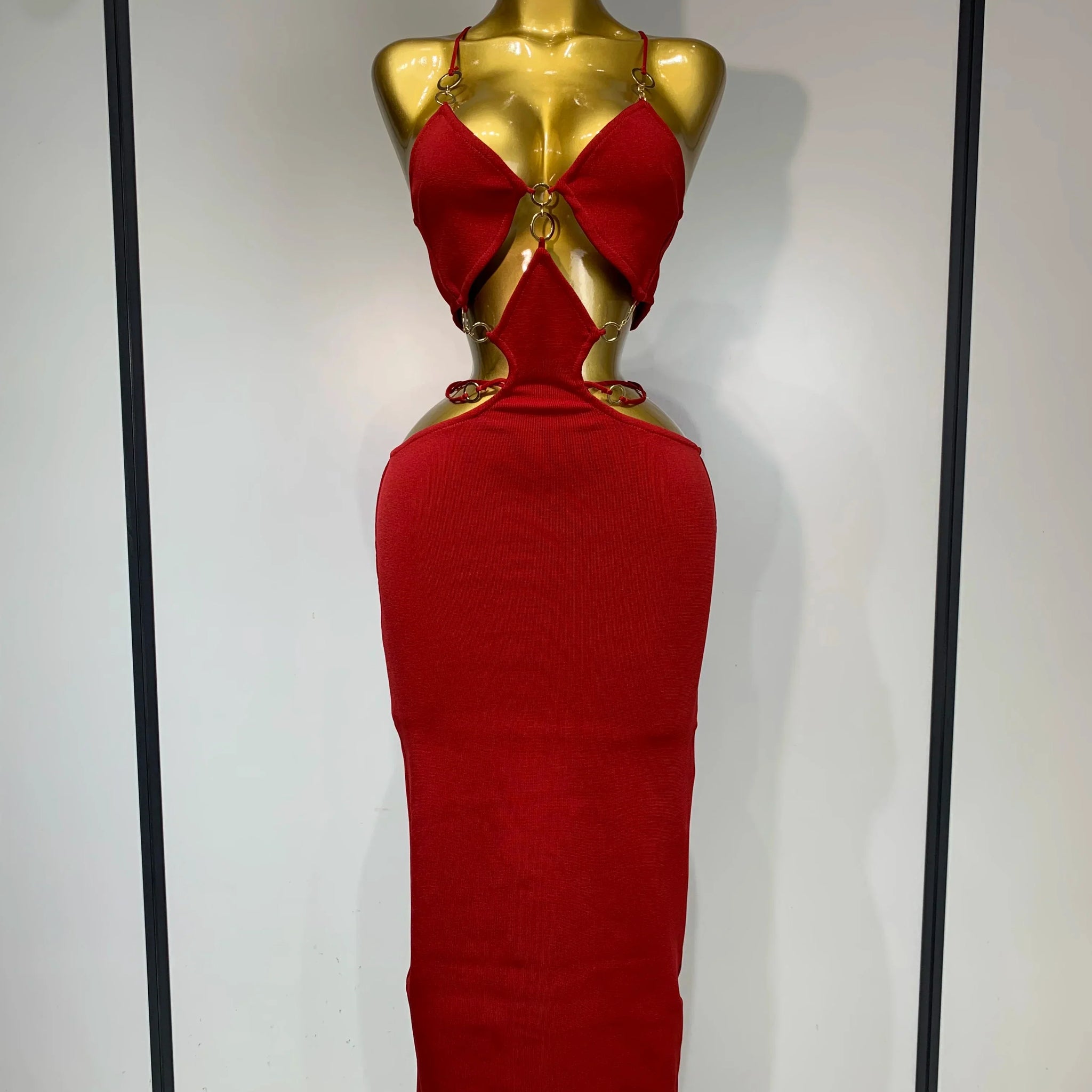 Women Sleeveless Sexy Halter Hollow Out Black Red Bodycon Long Bandage Dress Celebate Elegant Luxury Birthday Club Dress Red