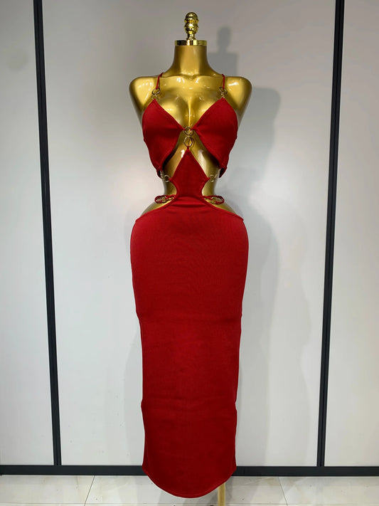 Women Sleeveless Sexy Halter Hollow Out Black Red Bodycon Long Bandage Dress Celebate Elegant Luxury Birthday Club Dress Red