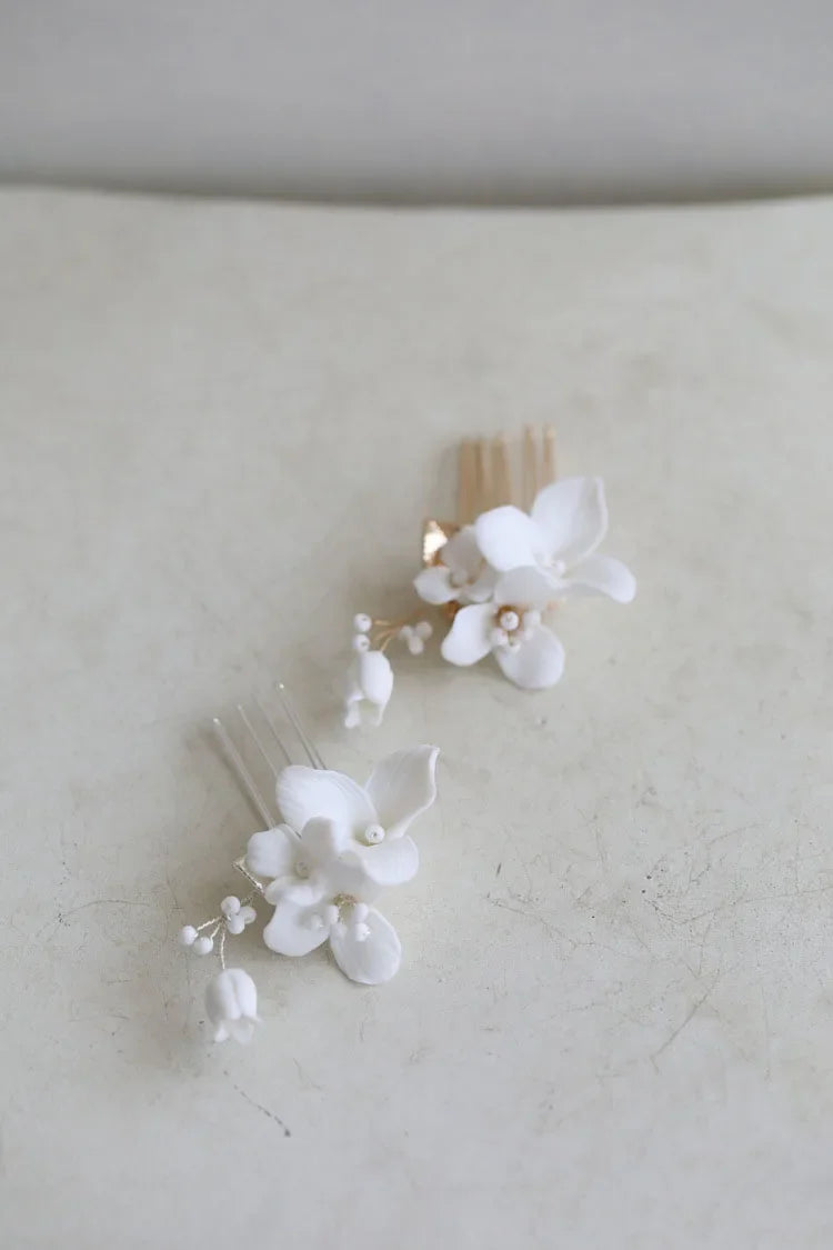 Porcelain Flower Hair Comb Pin Clip Gold Silver Color Head Piece Brides Bridesmaids Hairpin Wedding Accessories Bridal Jewelry