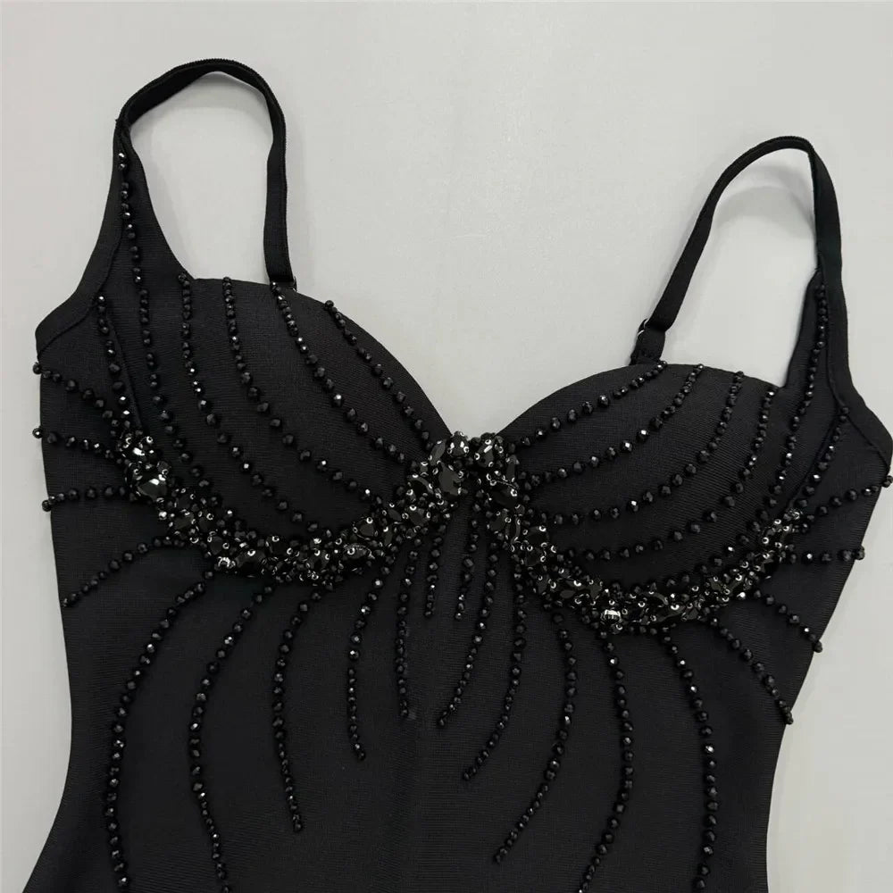 Sexy Women Three-Dimensional Rhinestone Design Bandage Dress Spaghetti Strap Sleeveless Bodycon Backless Midi Dress Vestido