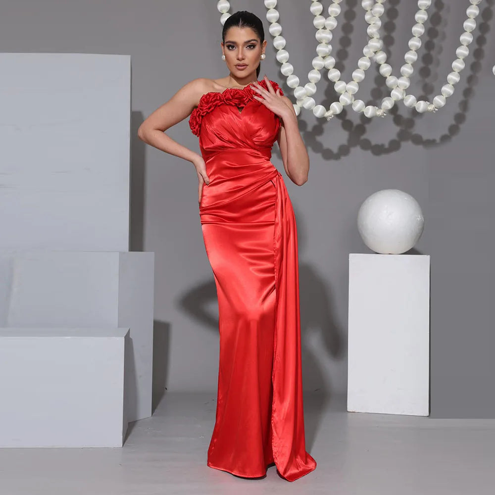2025 Summer Elegant One Shoulder Satin Prom Dress Red sleeveless 3D Flower Folds Floor Length Special Occasion Formal Party Gown Red