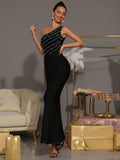 Elegant Women Nail Bead Design Bandage Dress One Shoulder Sleeveless Bodycon Long Dress Cocktail Evening Club Party Vestido