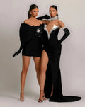 Luxury Pearl Beading Necklace Fashion Golves Black Velvet Strapless Floor Length Dress Celebrity Party Dress Birthday Vestido