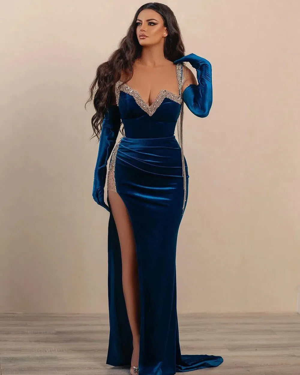 One Shoulder Navy Velvet Long Prom Dresses, Sexy Evening Party Dress