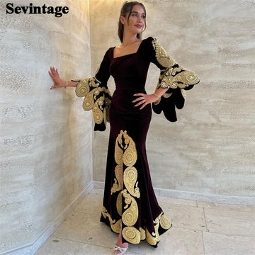 Elegant Arabic Mermaid Velvet Evening Dresses Square Collar Long Cape Sleeves Appliques Prom Gowns Algerian Outfits