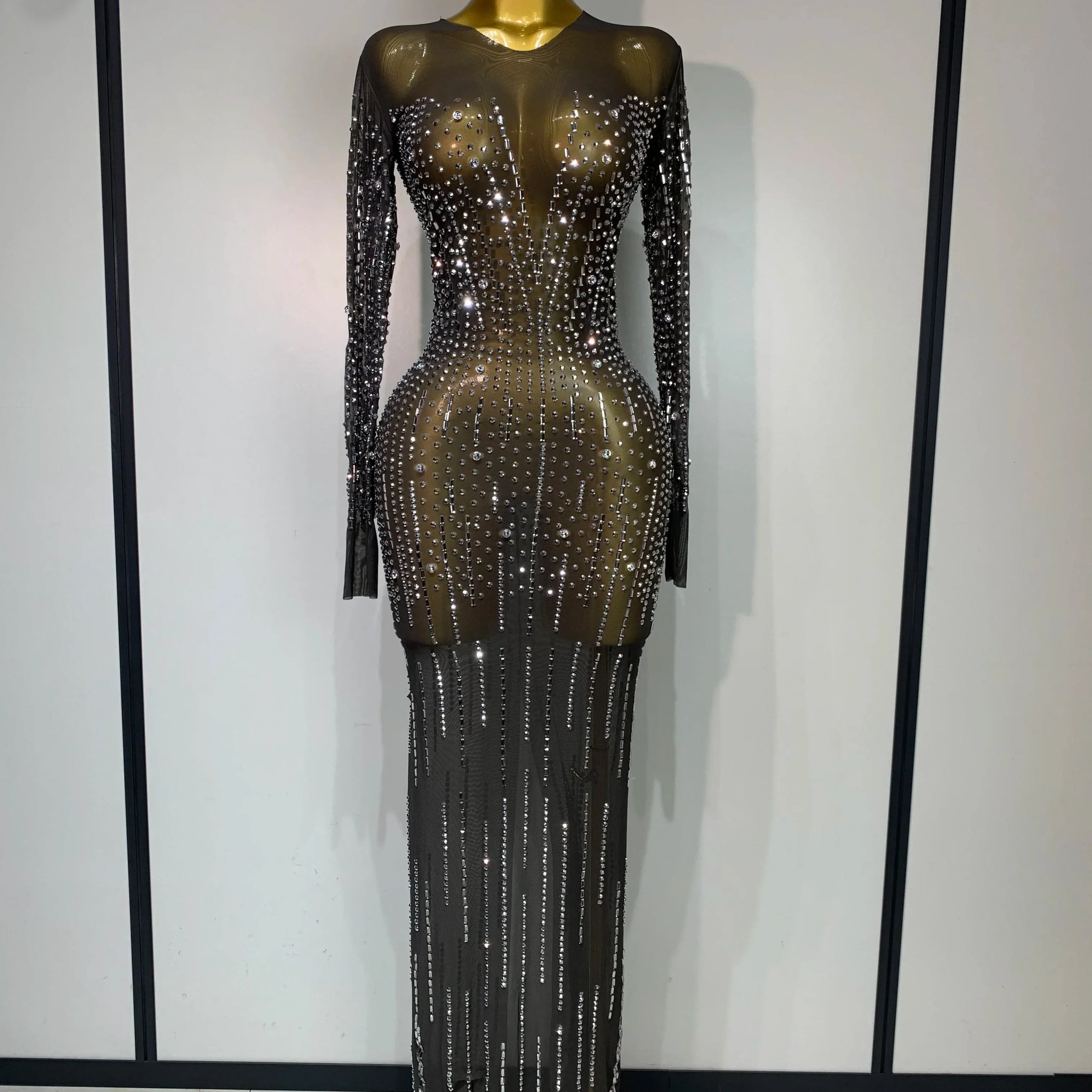 Women Sexy Long Sleeve Mesh See Through Dress Elegant Evening Party Luxury Birthday Club Rhinestone Performance Costume black