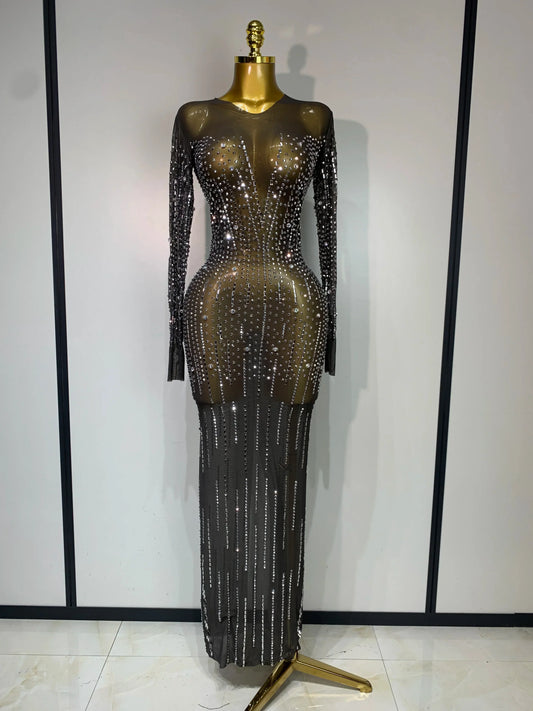 Women Sexy Long Sleeve Mesh See Through Dress Elegant Evening Party Luxury Birthday Club Rhinestone Performance Costume black