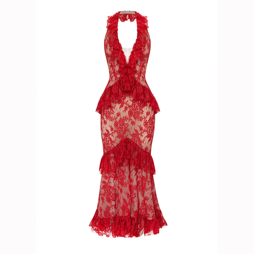 Sexy Lace Midi Halter Dress Women Red Ruffle Backless Sleeveless Party Dresses Summer Lady Vacation Robes New Red