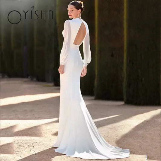 OYISHA Simple Long Sleeve Wedding Dresses Sexy V-Neck Side Slit Bridal Gown Charming Cut Out Back Elegant vestidos de noiva