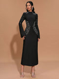 Elegant Women's Light Luxury Hot Diamond Bandage Dress with Stand up Collar and Trumpet Sleeve Bodycon Long Dress Vestidos black