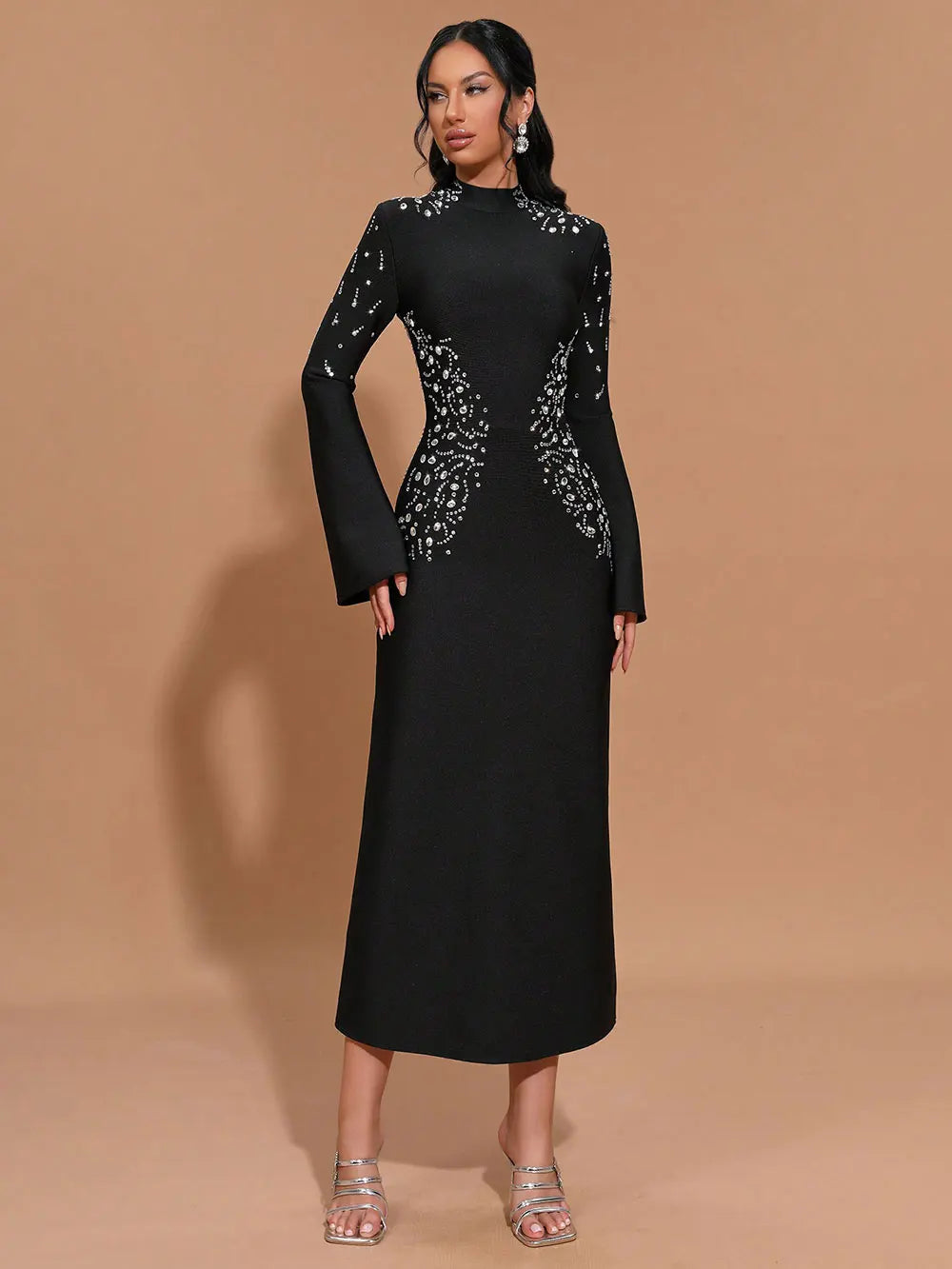 Elegant Women's Light Luxury Hot Diamond Bandage Dress with Stand up Collar and Trumpet Sleeve Bodycon Long Dress Vestidos black