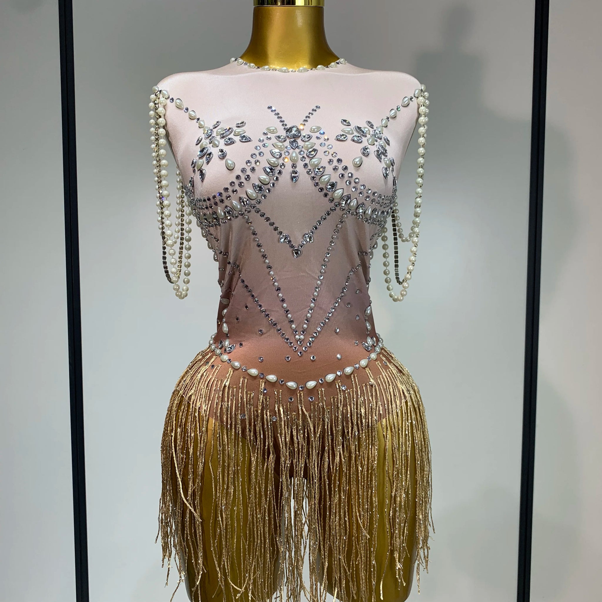Women Sexy Stage Performance Fringe Leotard Shiny Crystal Sleeveless Tight Bodysuit Evening Party Nightclub Drag Queen Costume WHITE