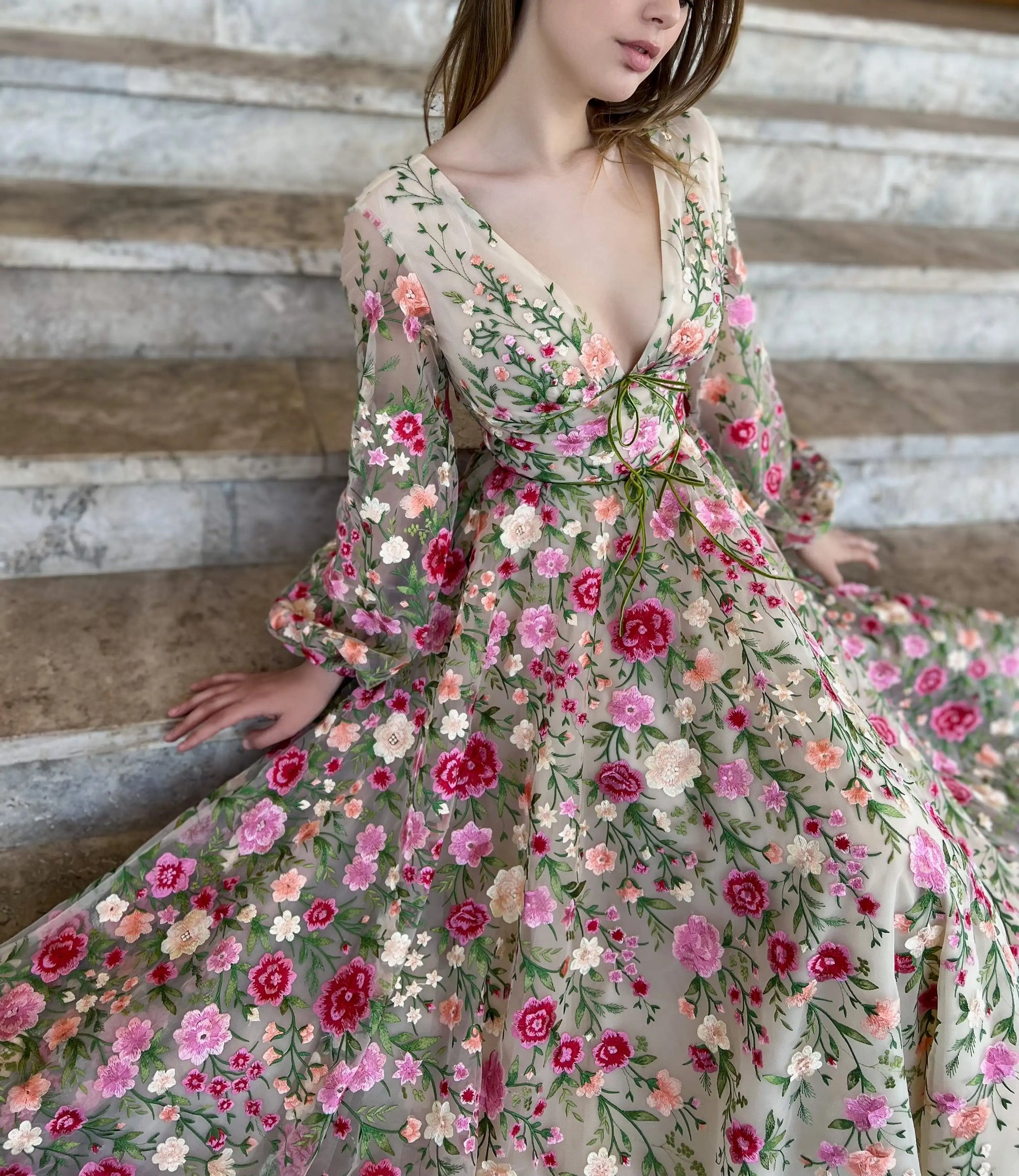 Princes Wildflower Reverie Gown Sweet 3D Flower Prom Dress Fairy A-line Puffy Sleeve Party Dress فساتين مناسبة رسمية