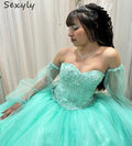 Beautiful Mint Green Quinceanera Dresses With Sleeves Elegant Lace A Line Tulle Sweet 16 Dress Pageant Formal Party Customized