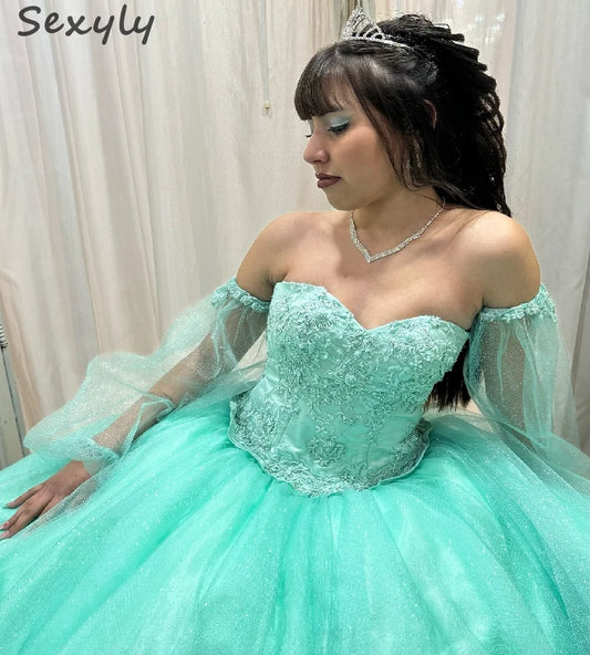 Beautiful Mint Green Quinceanera Dresses With Sleeves Elegant Lace A Line Tulle Sweet 16 Dress Pageant Formal Party Customized
