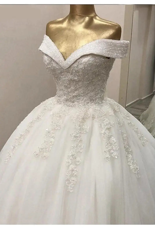 Luxury Off The Shoulder V-neck Wedding Dress Lace Diamond Beading Princess Ball Gown Wedding Dress plus size Vestido De Noiva Ivory