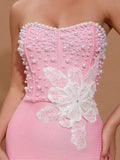 Spring Sexy Women's 3D Flower Pearl Bandage Dress Strapless Sleeveless Bodycon Backless Long Dress Club Party Vestidos