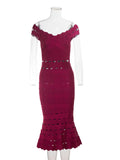 Spring Sexy Women Hollow Cut Design Bandage Dress with One Collar Shoulders Bodycon Backless Midi Dress Club Party Vestidos Claret