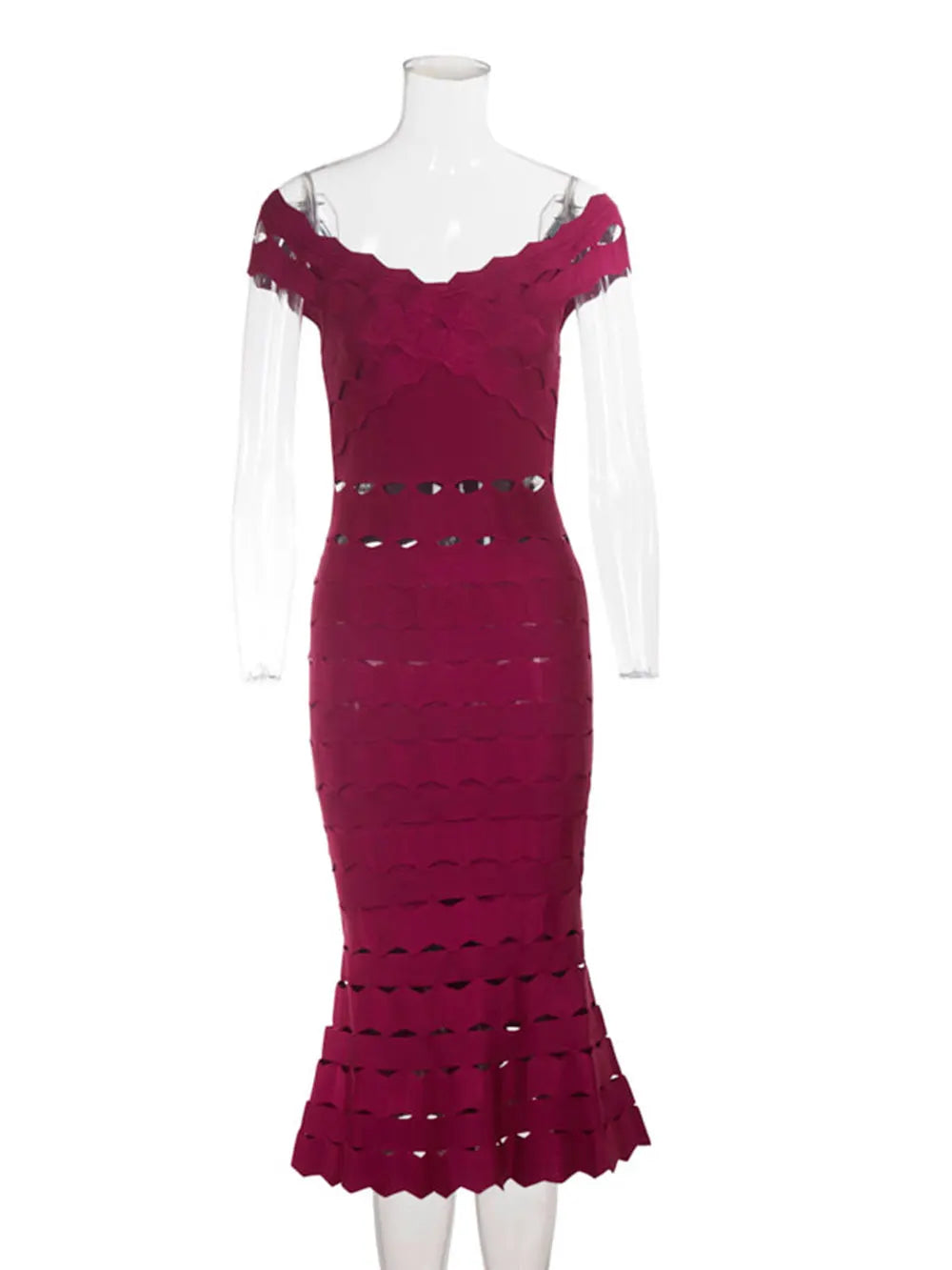 Spring Sexy Women Hollow Cut Design Bandage Dress with One Collar Shoulders Bodycon Backless Midi Dress Club Party Vestidos Claret