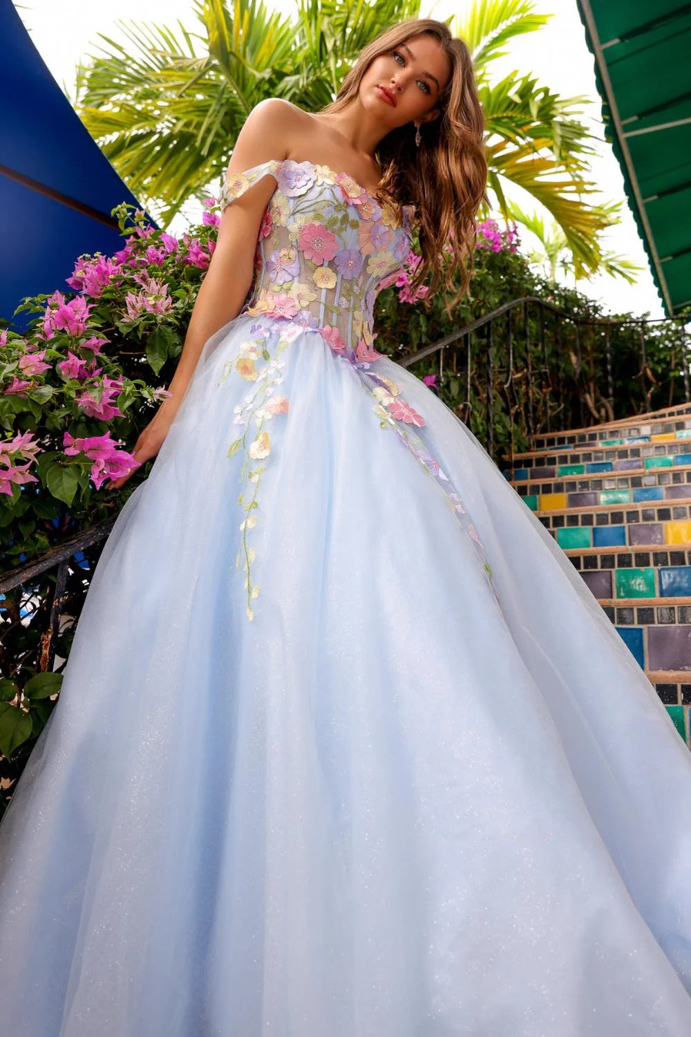 Spring Off Shoulder Ball Gown Vestido De Novia Flower Lace Evening Dress Baby Blue Corset Maxi Prom Dress Blue