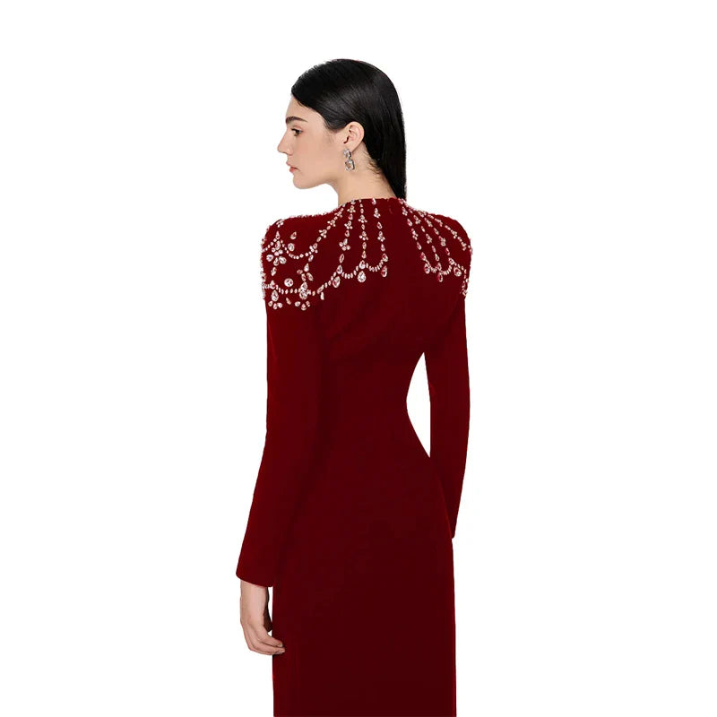 Top Quality Black Winered Women Long Sleeve Square Collar Shinning Crystal Bodycon Long Bandage Dress Elegant Evening Party Wear