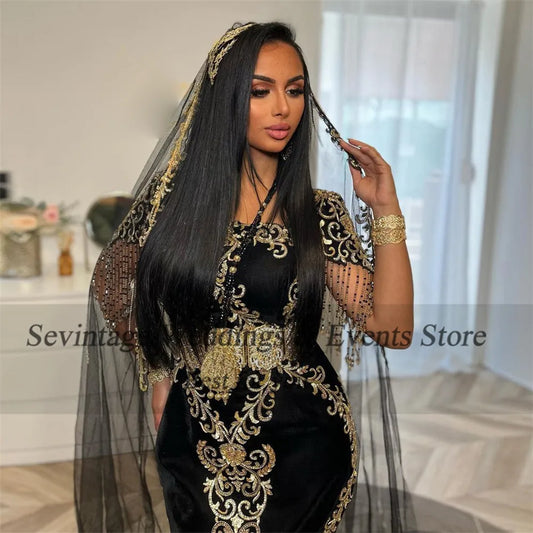 Noble Black Karakou Algerian Evening Dresses Mermaid Square Collar Lace Appliques Belt Luxury Formal Prom Gowns 2024