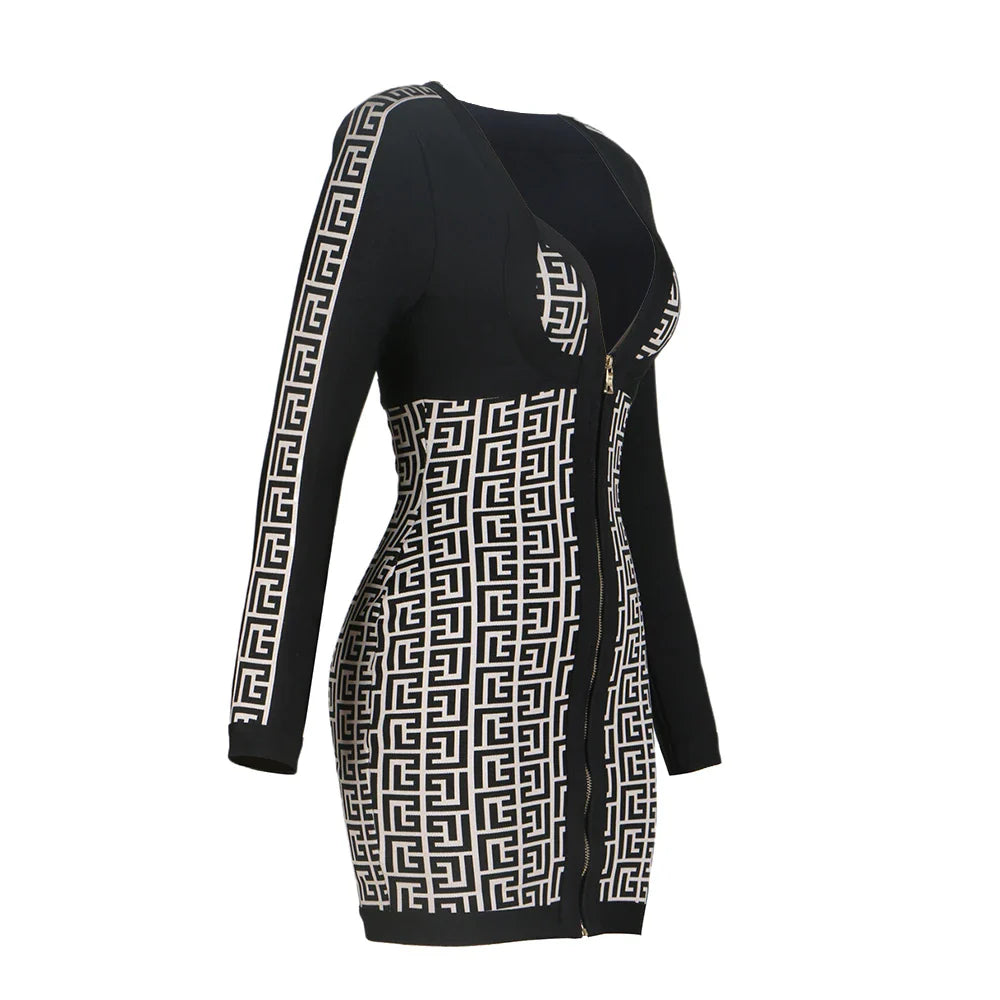 Black Color Women Long Sleeve Sexy Front Zipper Bodycon Mini Dress Rayon Bandage Fashion Runway Show Evening Dress