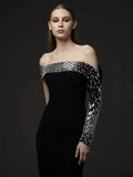 2025 Vestido Women'S Luxury Crystal Beaded Off Shoulder One Shoulder Long Sleeved Long Maxi Dress Wedding Banquet Party Gowns