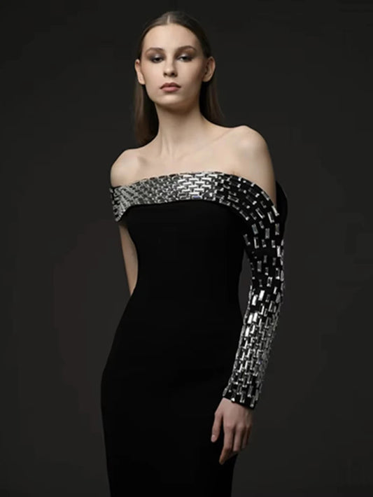 2025 Vestido Women'S Luxury Crystal Beaded Off Shoulder One Shoulder Long Sleeved Long Maxi Dress Wedding Banquet Party Gowns