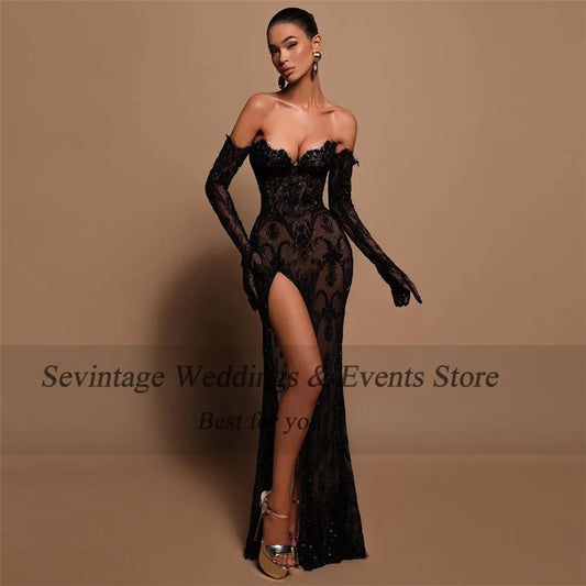 Sexy Black Lace Mermaid Prom Dress Strapless High Side Slit Formal Illusion Evening Dress Floor Length Party Gown