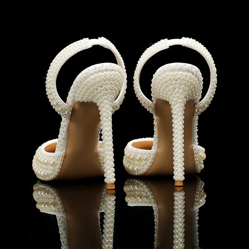 Luxury Handmade Full Pearls Wedding Women Pumps Elegant Pointed toe Slingbacks high heels Fashion Summer Party Bridal Shoes