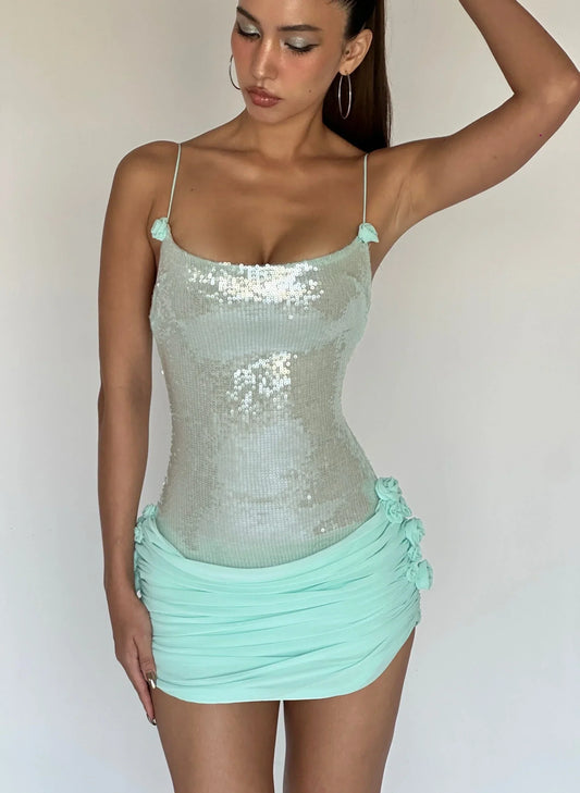 Shinning Sequins Women Sexy Strap Big O-Neck Bodycon Mini Dress Florals Celebrate Birthday Nightclub Party Outfit Whoesale Cyan