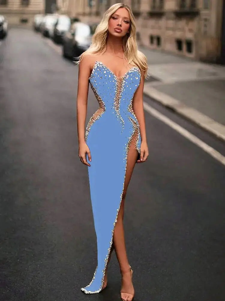 Women Sexy Strapless Shinning Rhinestones Bodycon Bandage Long Dress Fashion Celebrate Evening Party Vestido