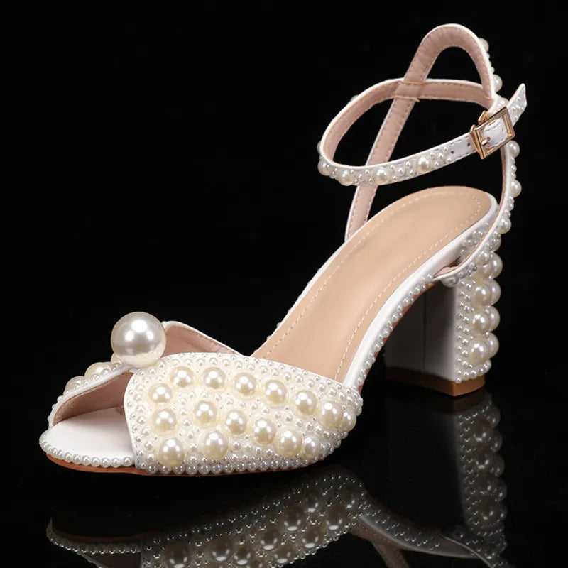 Summer Luxury Pearl Peep toe Thick Heeled Women Gladiator Sandals Fashion Beaded High heels Wedding Banquet Prom Shoes Sandalias Beige