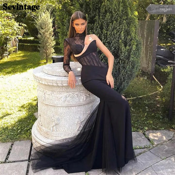 Fashion Black Prom Dress Mermaid Lace One Shoulder Fitted Bones Ruched Floor Length Formal Evening Dress Party Gown