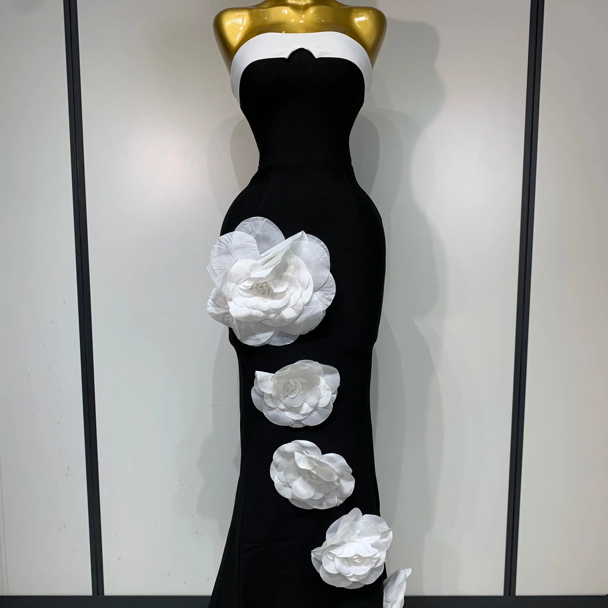 Women Sexy Strapless Backless Flower Maxi Long Bandage Dress Knitted Celebrity Elegant Evening Club Party Birthday Dresses black