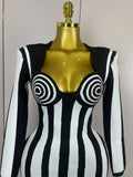 Luxury Sexy Long Sleeve Stripe Black White Mini Bandage Dress Women Knitted Celebrity Elegant Evening Club Birthday Dresses