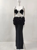 Black White Color Women Sexy Strap Florals 2 Pieces Bodycon Long Dress Celebrate Nightclub Party Bar Singer Performance Costume black
